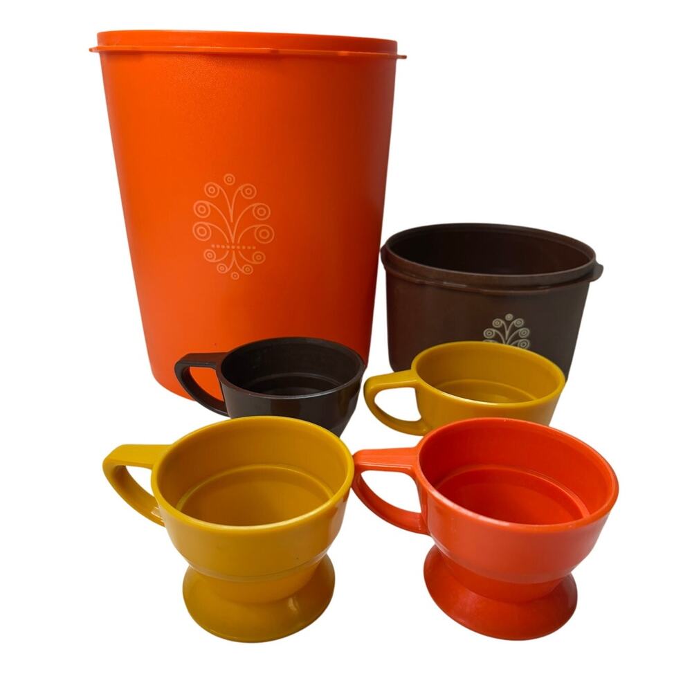 Vintage 70s Tupperware Servalier Orange Brown & Solo Cup Plastic Coffee Holders